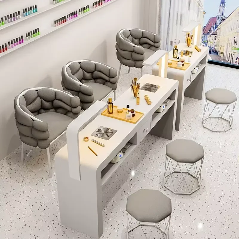 Professional Modern Mall Nail Technology Manicure Table White Wood Salon Furniture Set Compartments Independent Sockets Nail