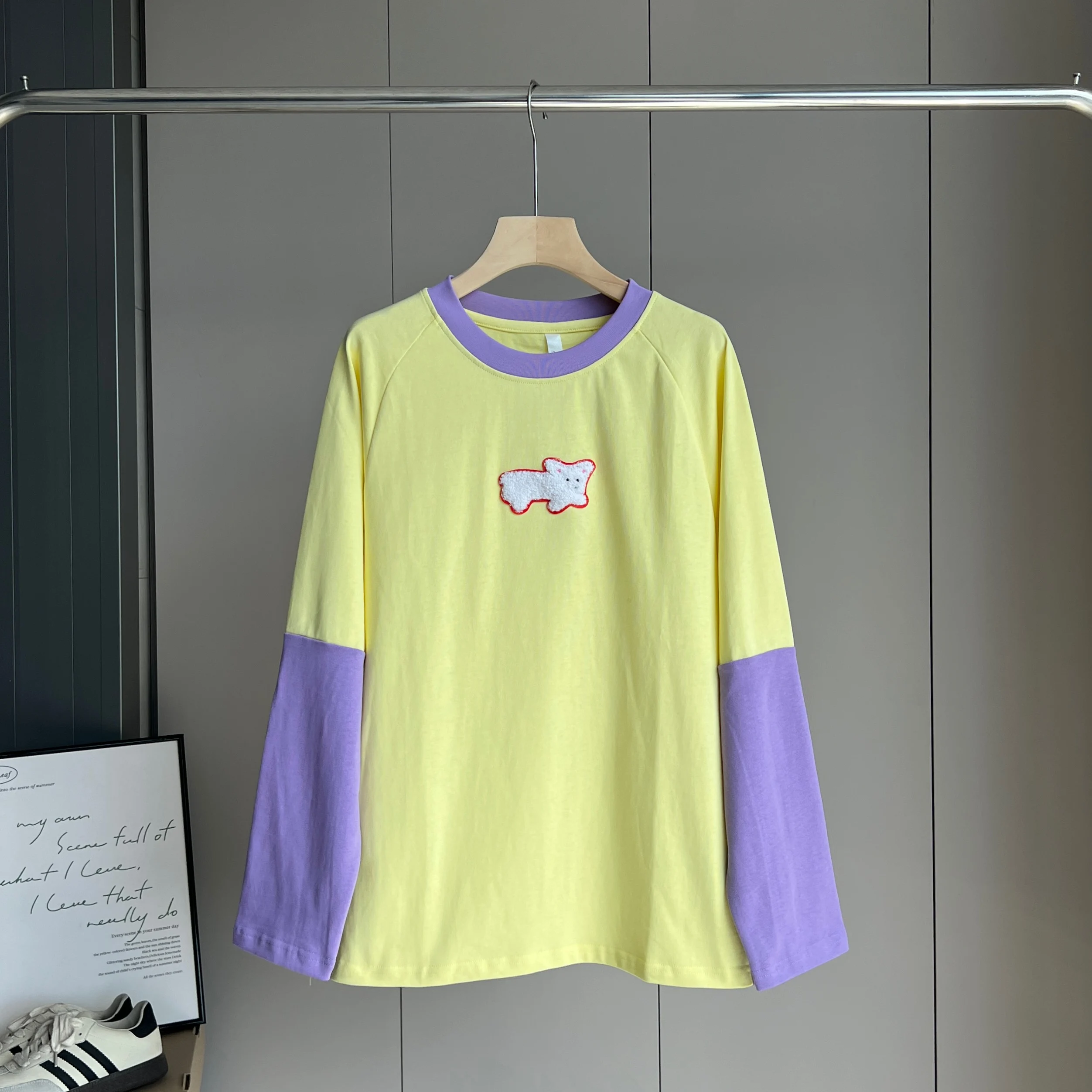 

Women Spring Autumn T-Shirt New Color Block Loose Versatile Long Sleeve Cotton T-Shirt Base Layer Top