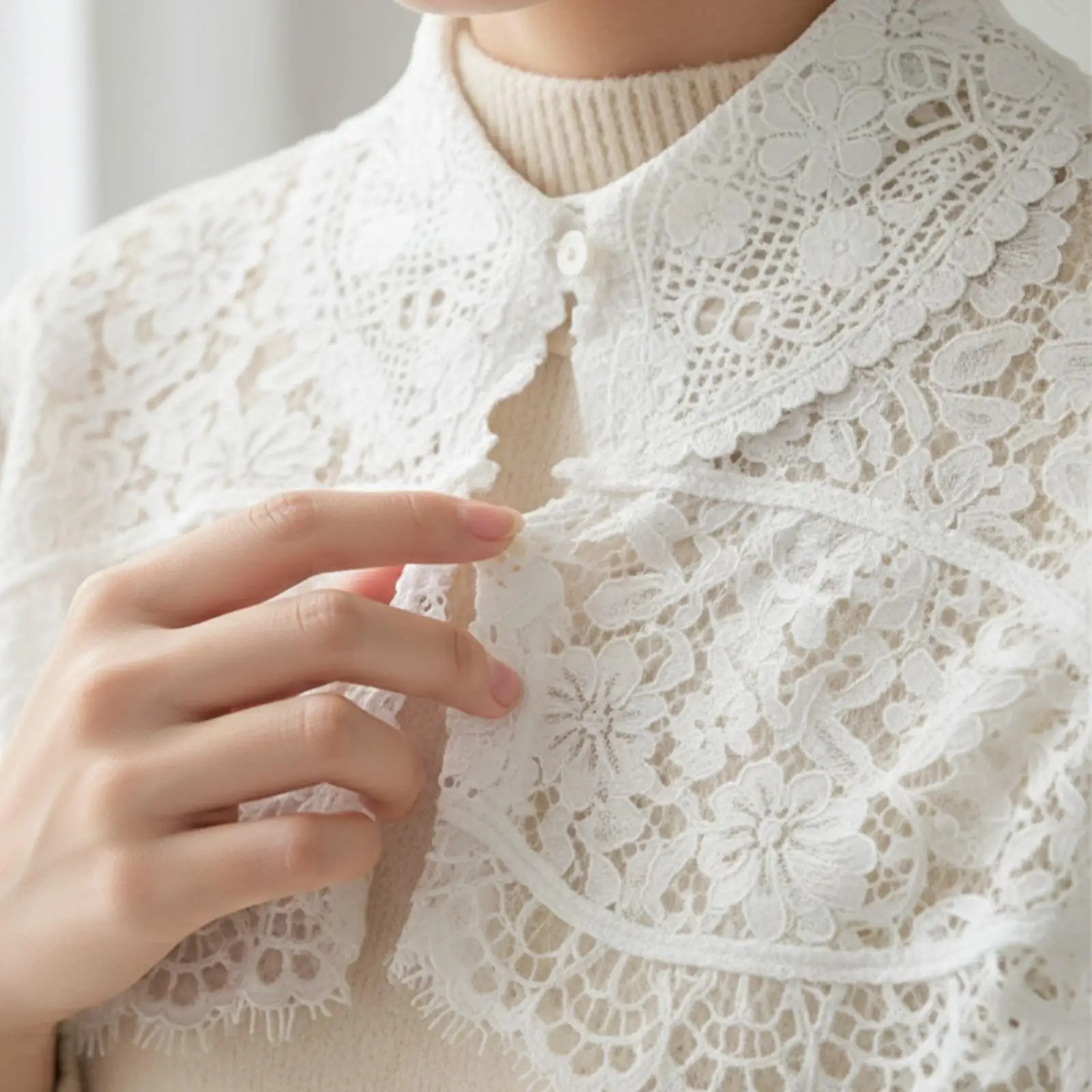 Women Lace Collar Detachable False Collar Nylon Botanical Puff Sleeve Layering Top for Sweaters Shirts Dresses Elegant Accessory