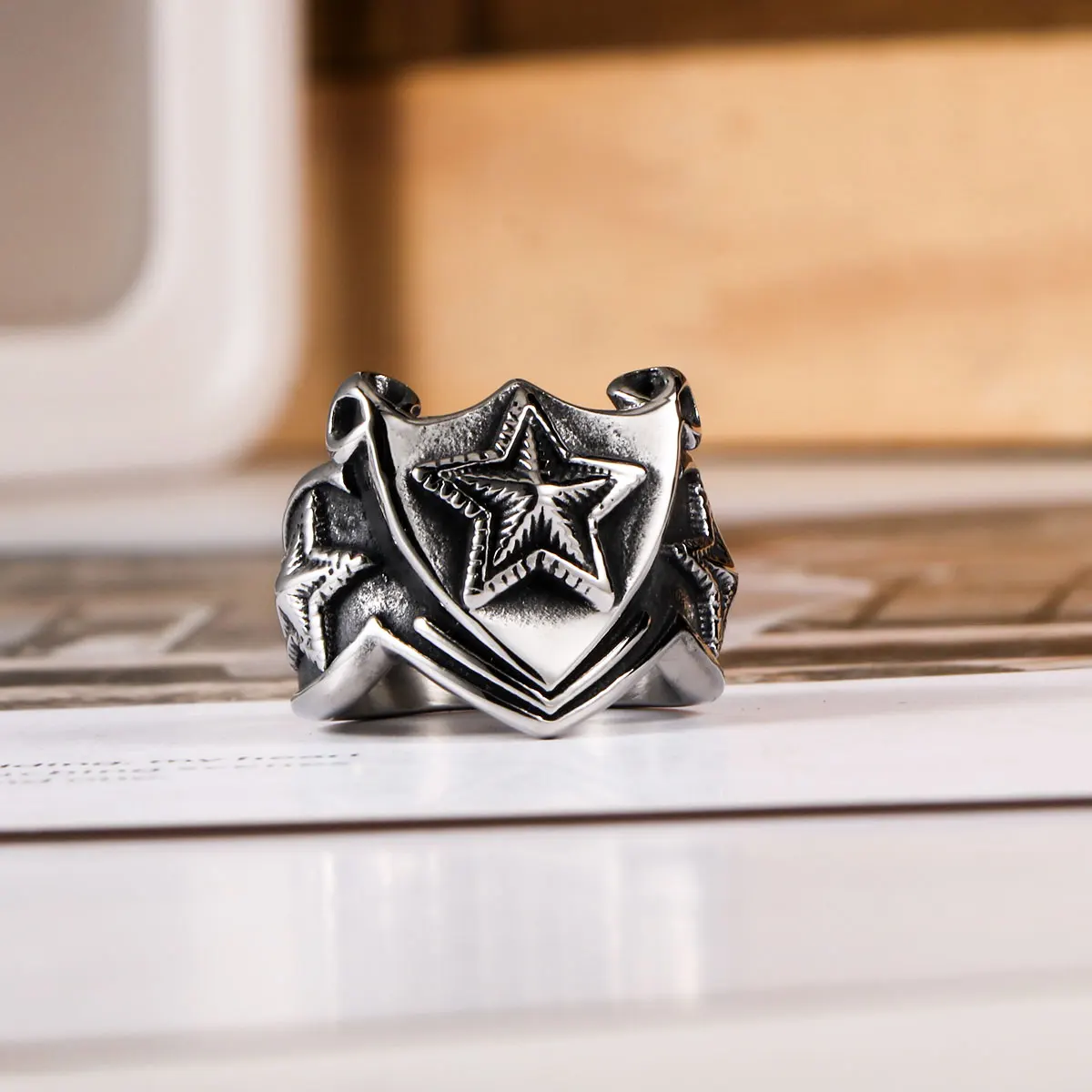 1Pcs Triangular Stainless Steel Non-Fading Star Ring, Boys' Five-Pointed Star Ring, Punk Retro Jewelry