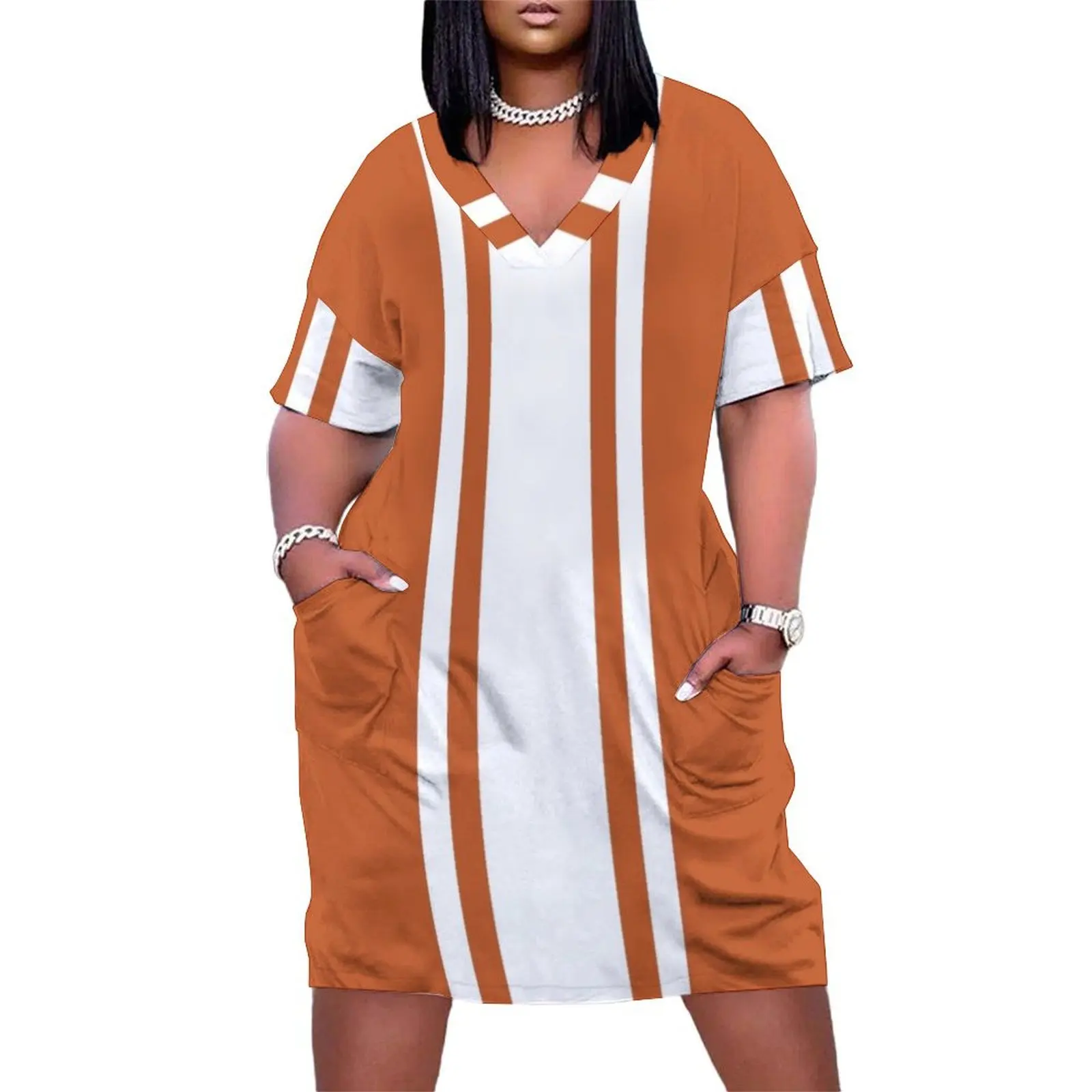 

Burnt Orange & White Vertical Power Stripe Loose Pocket Dress Long dresses prom clothes Women long dress