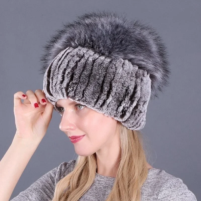 Women\'s Simulated Fox Rabbit Fur Hat Winter Fur Warm Knitted Hat Windproof Cold Proof Outdoor Cycling Skiing Sports Accessories