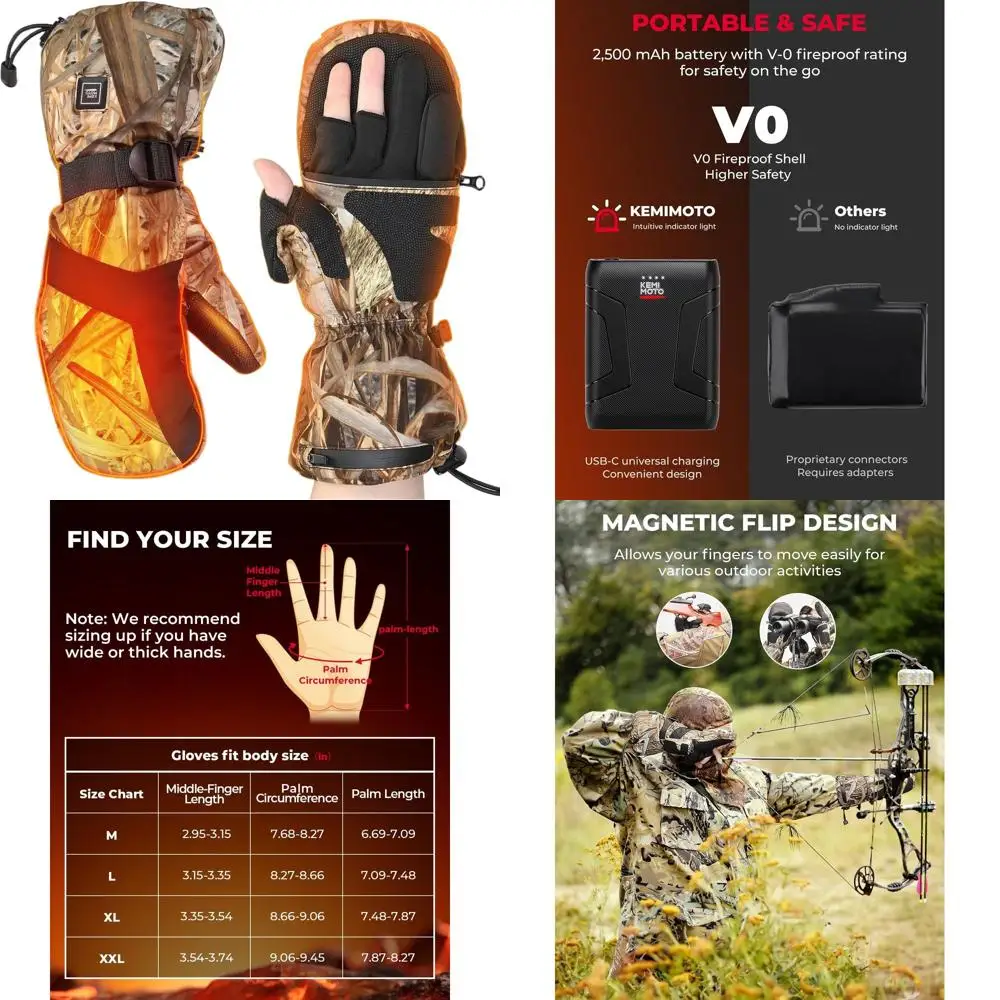 

Охотничьи перчатки с подогревом из камуфляжа, откидные варежки без пальцев, перезаряжаемые с 2 батареями, 3 настройки нагрева для мужчин и женщин