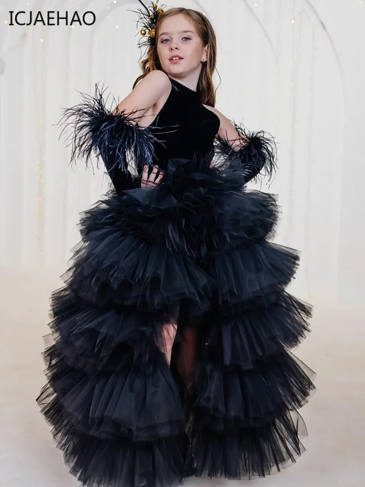 Robe noire en tulle haut-bas pour filles, col licou, robe de soirée élégante pour enfants, tenue formelle élégante avec jupe à plusieurs niveaux