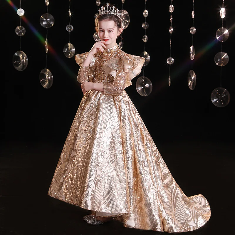 

Children's Formal Dress Princess Dress Girl's Puffy Tulle Little Girl Host Model Fashionable Catwalk Tail Performance Dress Summ