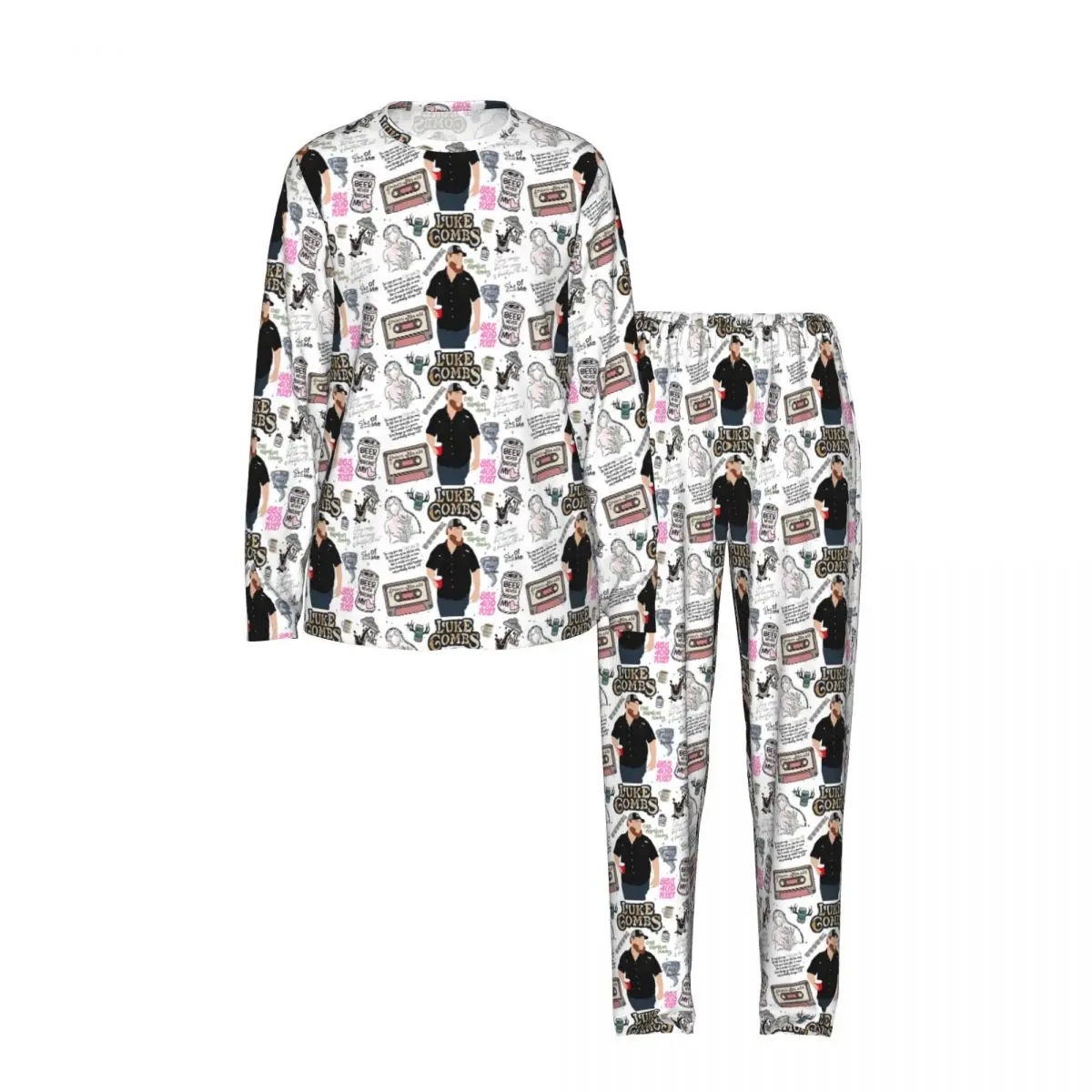 Country Singer Luke Combs Word Tour Round Neck Long Sleeve Nightgowns for Sleeping Sleepshirts Women Soft Pajama Set Long Pants