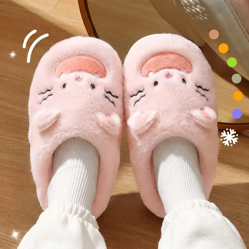 Cute Cartoon Mouse Furry Fur Home Slippers Warm Plush Soft Sole Women Slippers 2026 Winter Closed Toe Platform Shoes for Women