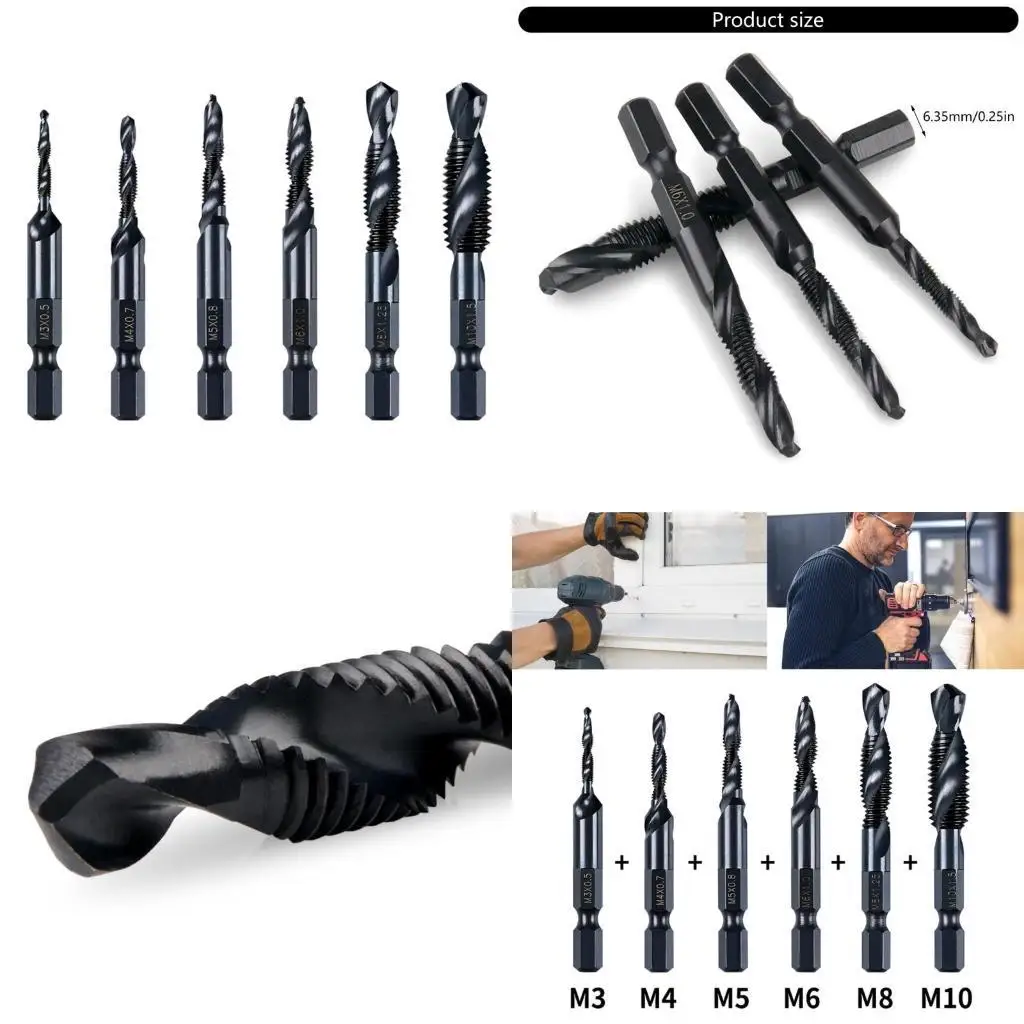 652F 6pcs High Speed Steel Combination Twist Drill Tap Bits Shank for Enhances Cutting Performances and Versatility