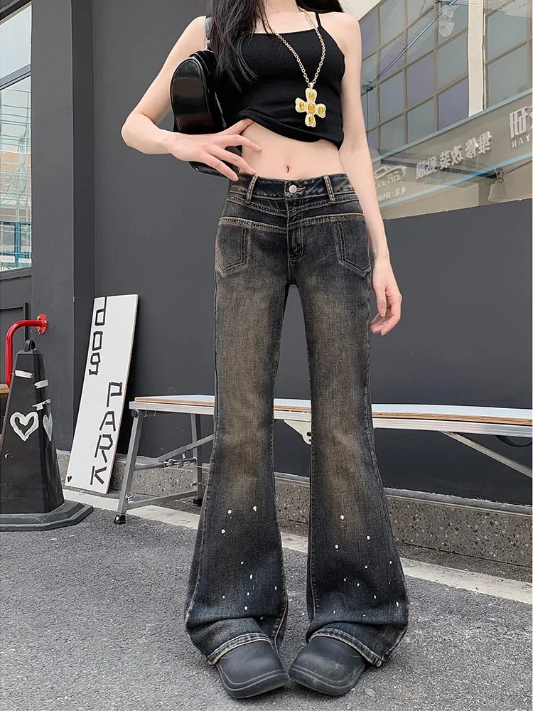 American style design splashed ink slim fit jeans women's summer 2025 new style vintage high waist slimming bell bottom pants