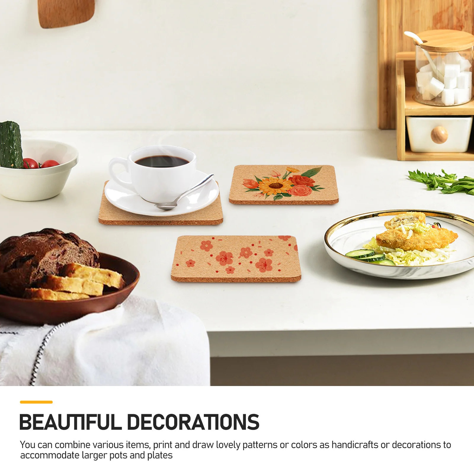 

3Pcs Cork Coasters Square Absorbent Drink Cup Mats Reusable Heat Resistant Coasters for Home Office Coffee Shop Table Protection