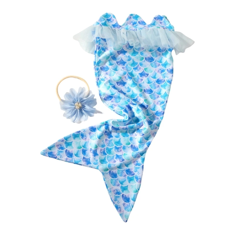 Adorable Newborn Long Fish Tail Photoshoots Props Set Comfortable Photography Dress & Headdress for 0-1 Month Baby