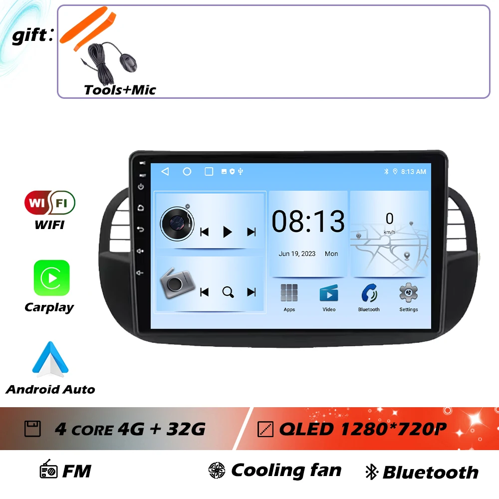 9 ''Android 16 Autoradio Stereo voor Fiat 500 2007-2015 met GPS Navigatie Stuurbediening Multimedia Carplay auto WIFI