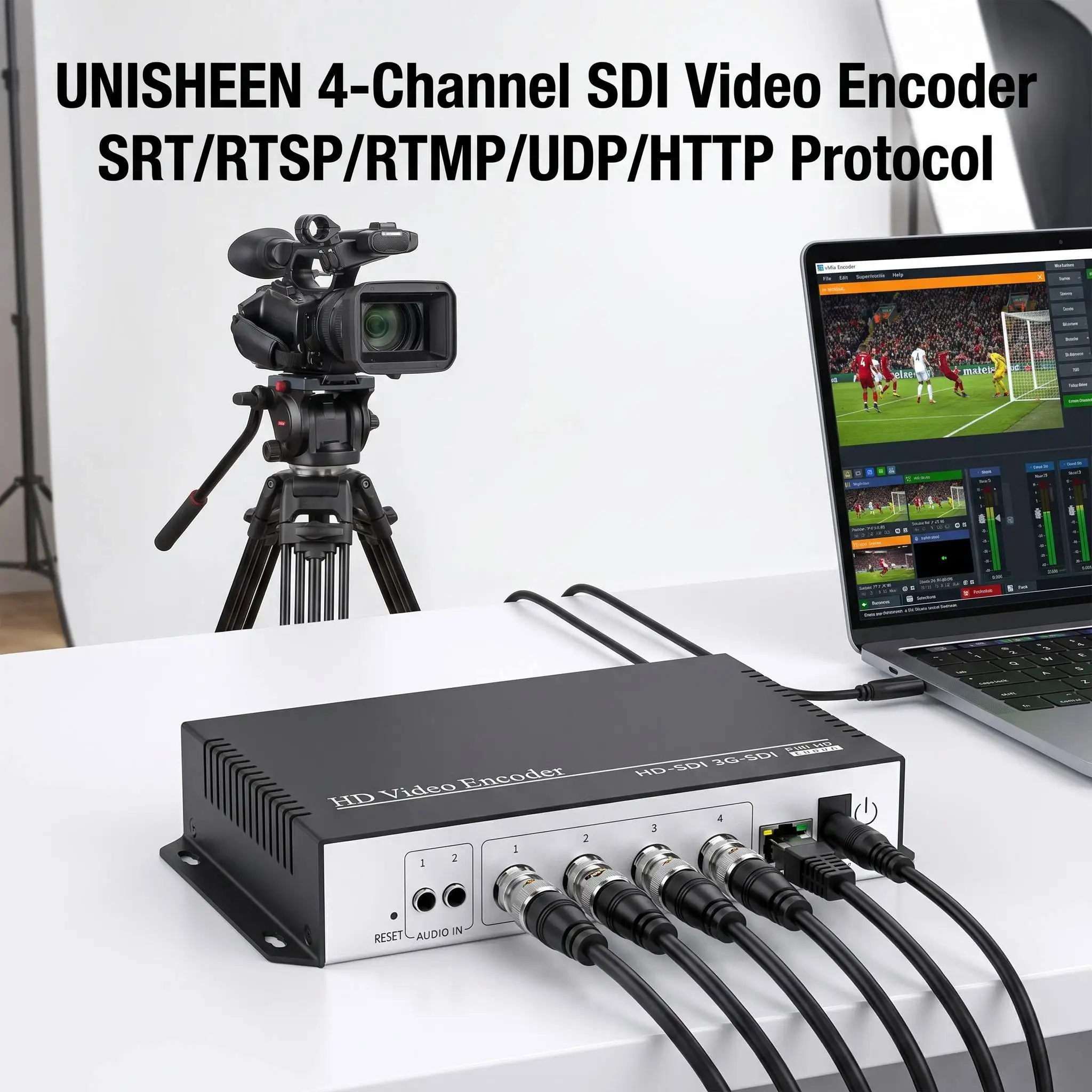 UNISHEEN H.265 H.264 4in1 Transmitter Live SRT RTSP RTMPS UDP 4K 3G 6G 4 Channel SDI Video Encoder IP Streaming
