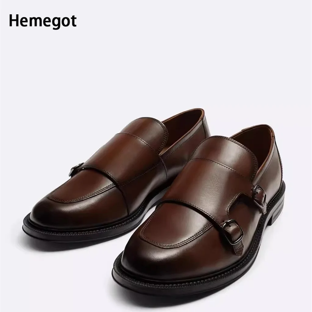 Brown Cowhide Dress Shoes Men's Shoes Office Comfort Breathable High Quality Derby Shoes Slip-On Round Toe Leather Shoes