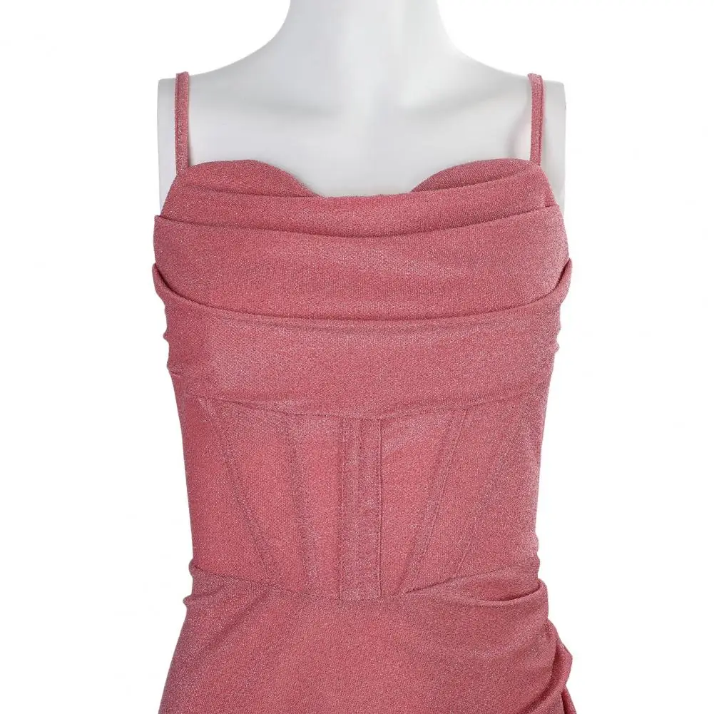 فستان سهرة نسائي بحزام سباغيتي ترتر لامع بدون أكتاف بدون أكمام بقصة منخفضة وفتحة عالية فضفاضة بطول الأرض فستان نسائي للحفلات الراقصة