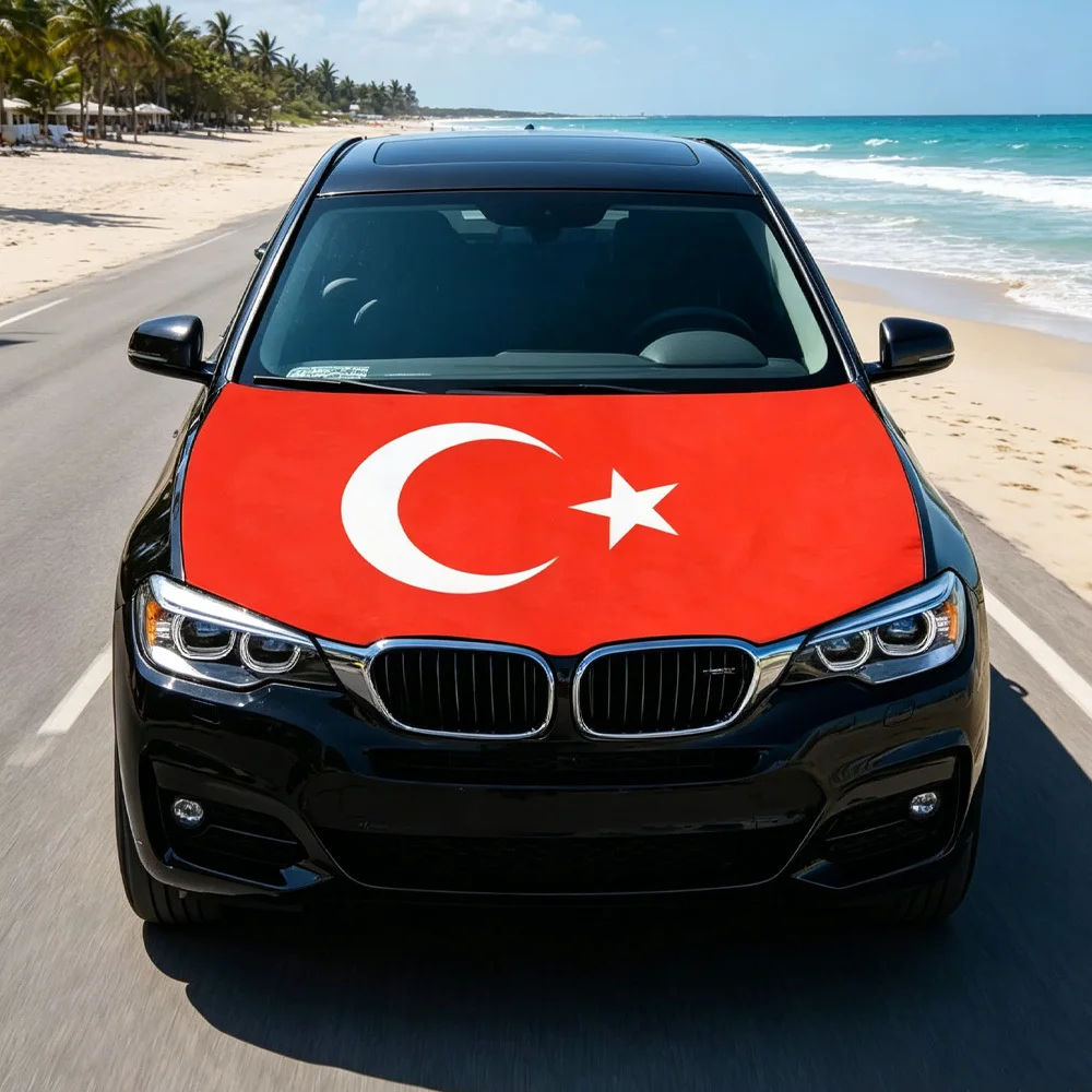 3.8x5.3fts National Turkey Flag Car Hood Cover Flag Engine Cover Turkish for Decoration, Stretch Fabric Cover