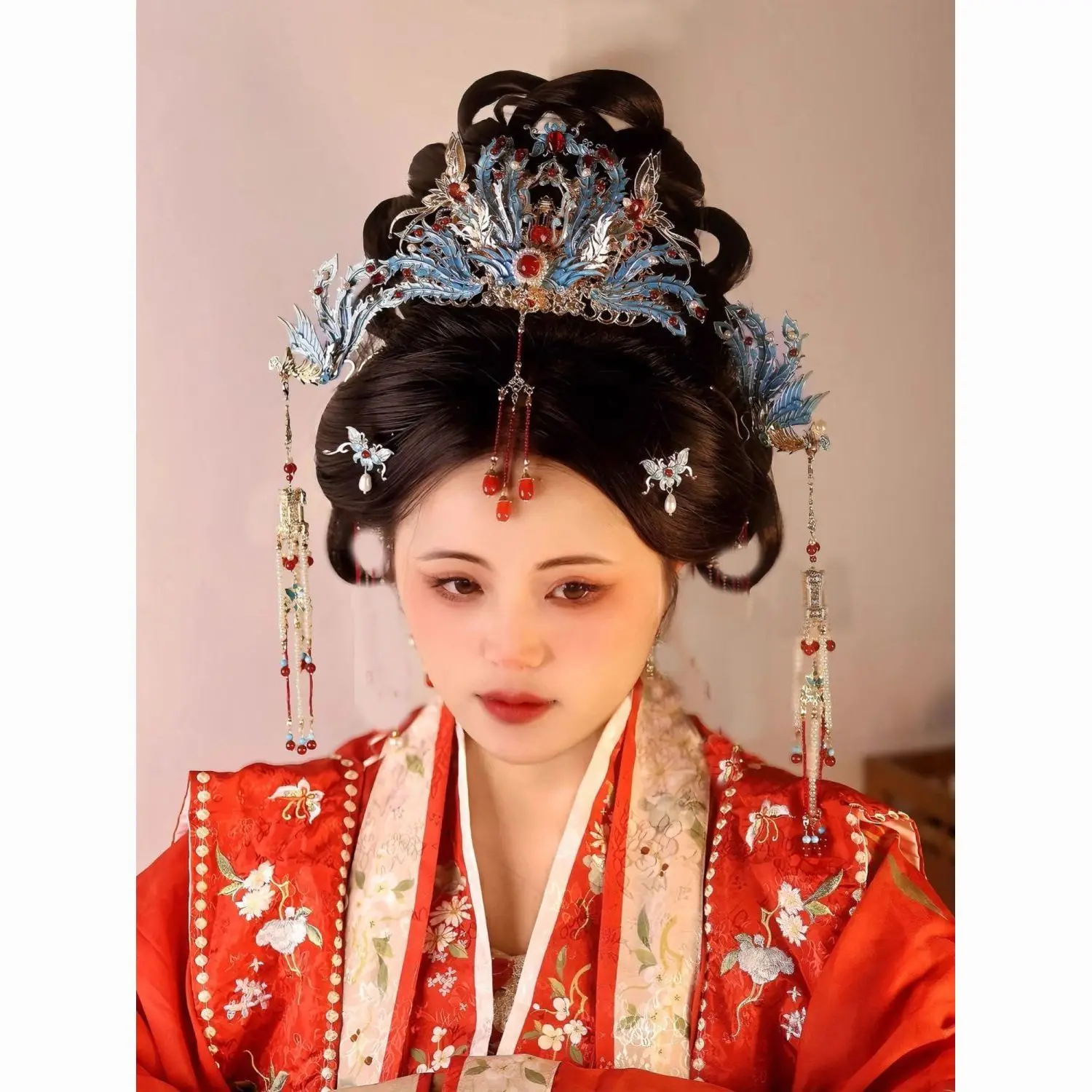 Antique Style Hair Crown Hairpin Set Marriage and Wedding Crown Heavy Work Burning Blue Ming Female Fairy Tassel Accessories