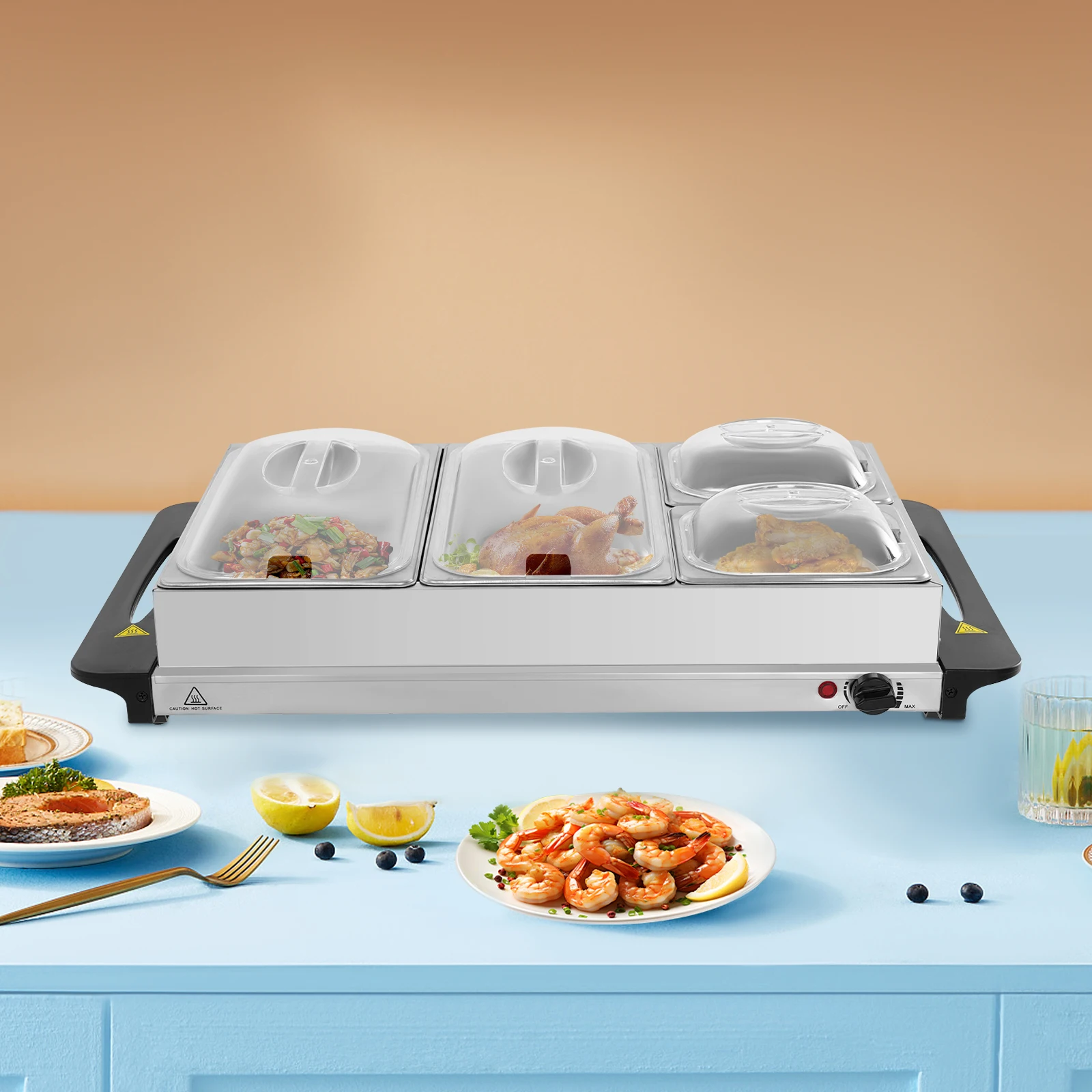 Calentador de buffet de temperatura ajustable de 4 bandejas: calentador de alimentos de acero inoxidable (estándar de la UE), bandejas de 2,5 l/1 l y plato calefactor