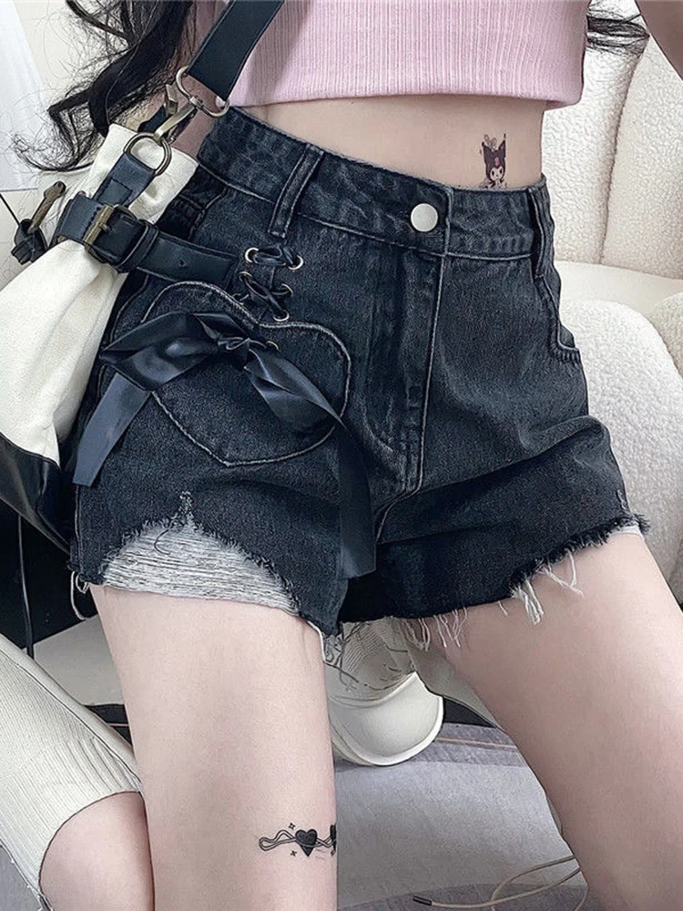 Jmprs Y2K Hole Gothic Denim Shorts Women Streetwear Bow Lace Up Shorts Harajuku Retro High Waist Design Hip Hop Jeans Shorts New