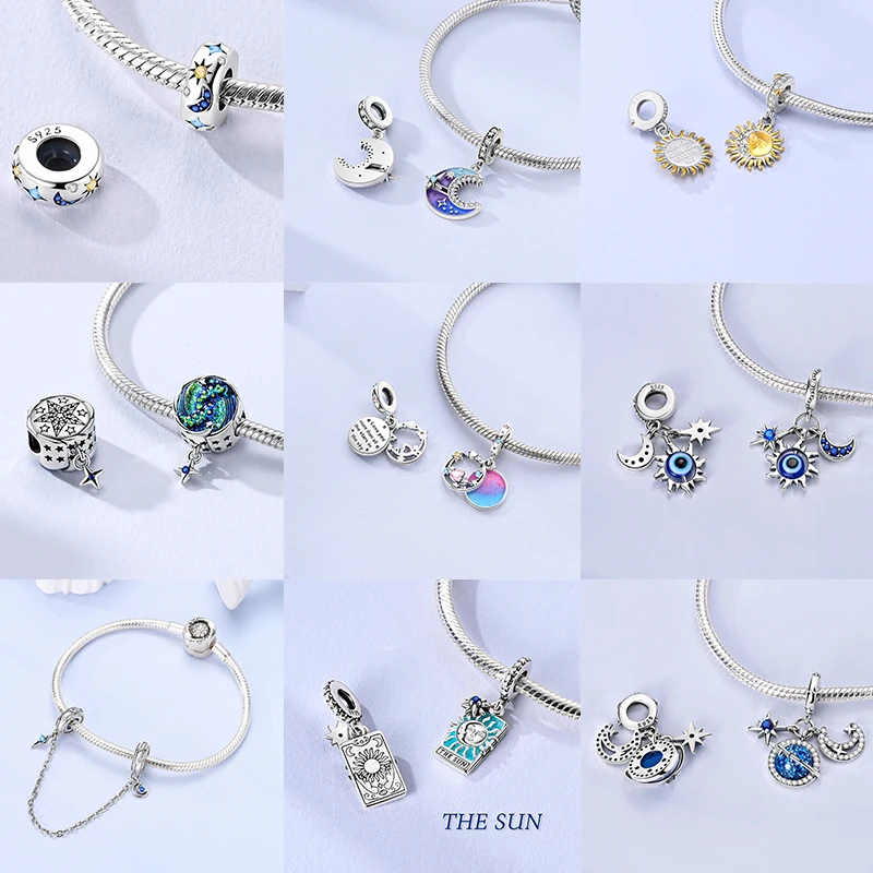 925 Sterling Silber Sonne Sternenhimmel Charms Serie Gold Sonne Sterne Mond Anhänger Passend für Armband DIY Schmuck Original Mode für Frauen – Detail 3