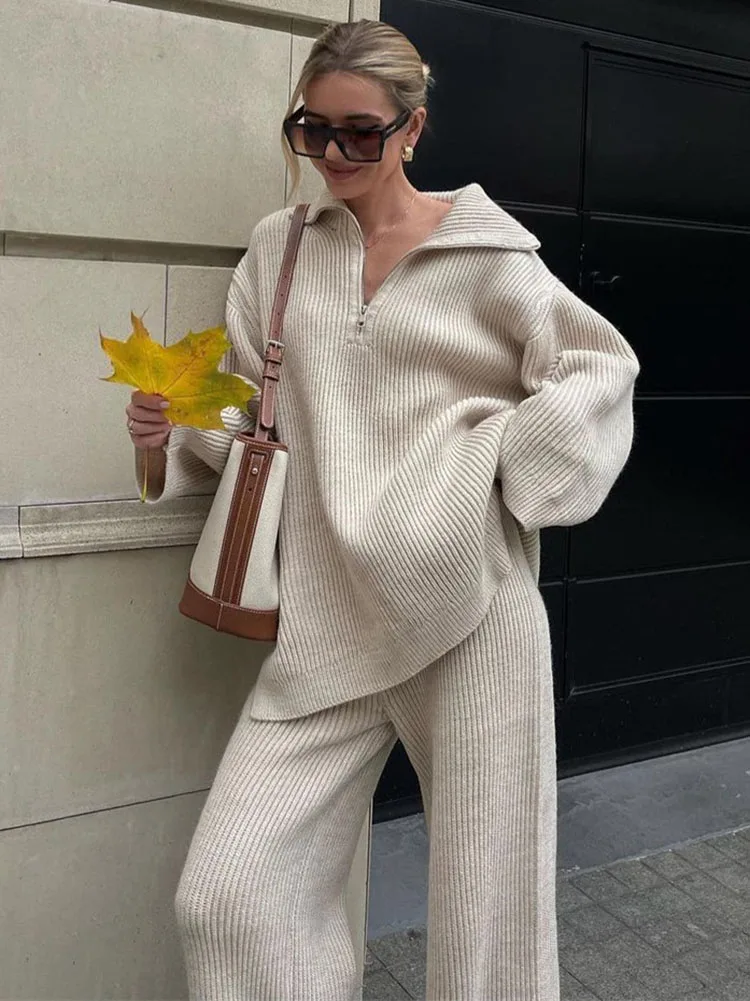 

Новый весенне-осенний женский комплект из двух предметов, водолазка, вязаный свитер на молнии + широкие брюки с высокой талией, женский вязаный комплект из двух предметов