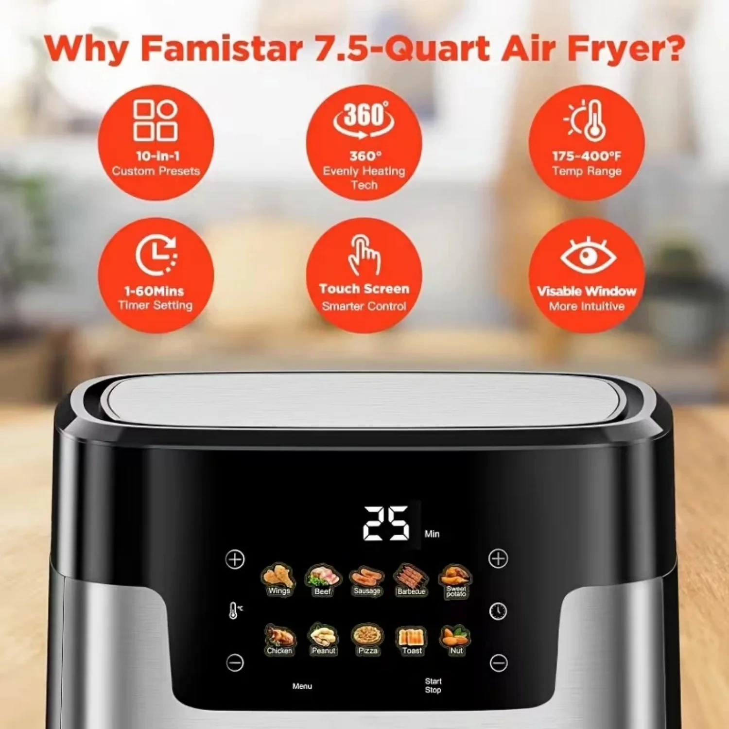[10-In-1 Air Fryer] 10-In-1 Digital LED Touch Screen Air Fryer, 7.5QT Oilless Cooker With 10 Preset Cooking Modes