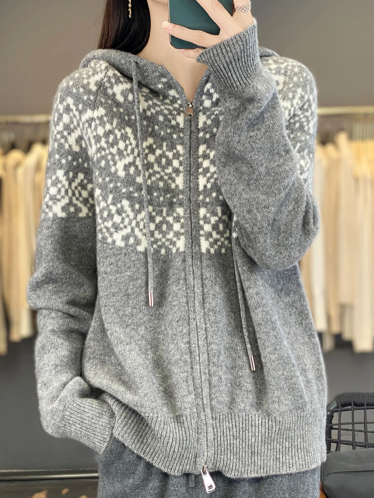 TLOML Women's 100% Merino Wool Hoodie Fair Isle Double Zipper Cardigan Autumn Winter Cashmere Knitwear Casual Soft Thicken Tops - view 2