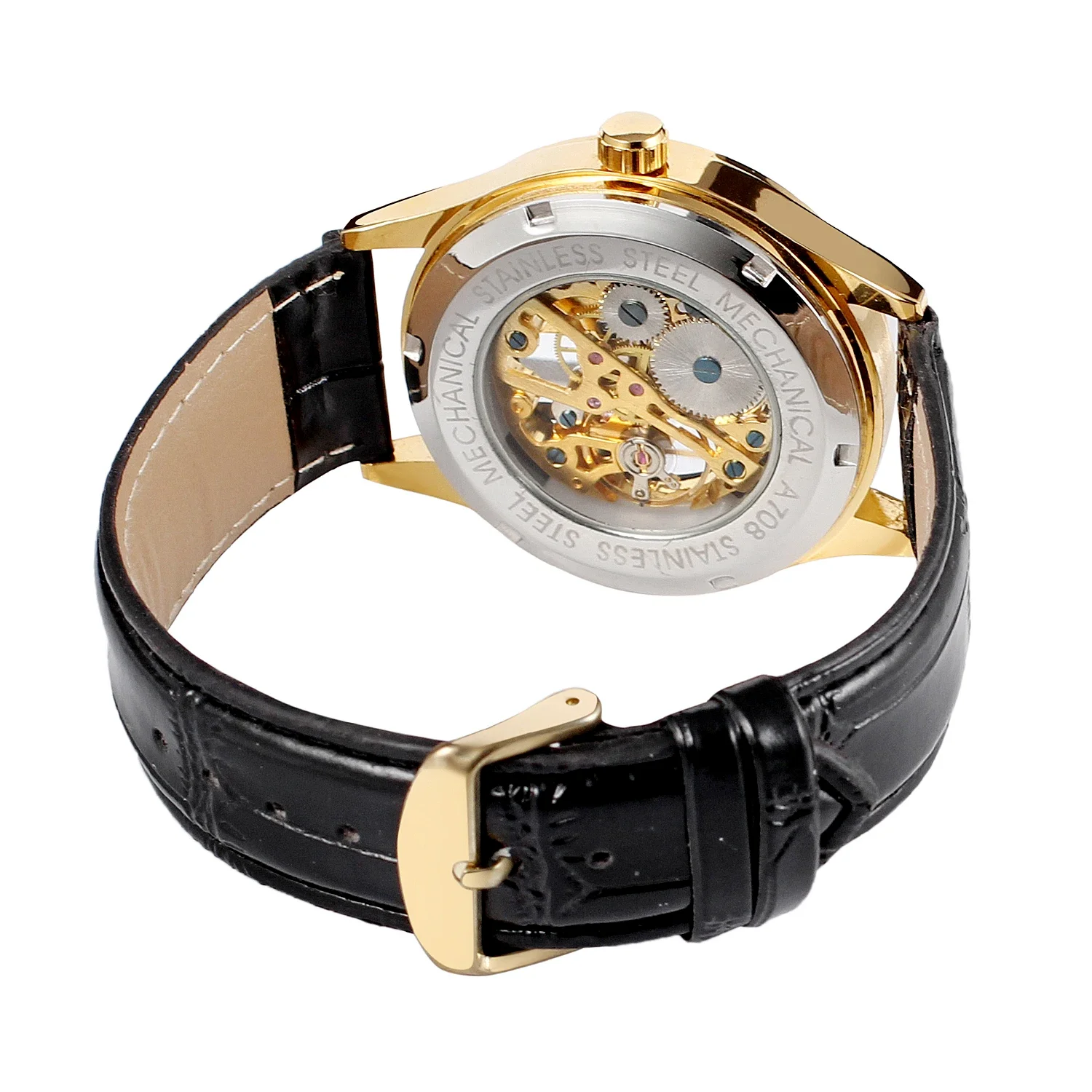 T-winner Casual Simple tira de uñas soportes dobles reloj mecánico hueco reloj redondo negro reloj con correa negra