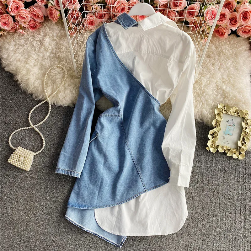 Irregular Denim Patchwork Dress 2024 Autumn New Fashion Long Sleeved Single Breasted Shirt Dress   Turndown Collar M