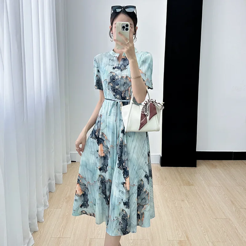 

Miyake Style Pleated French Niche Western-Style Printed Women's Dress Stand collar Long Slim Dress 2024 Summer New Style Dresses