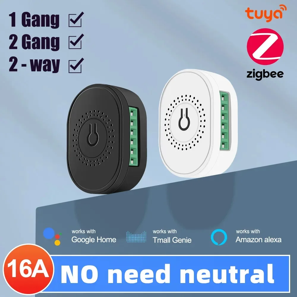 16A No Neutral Wire Tuya ZigBee Smart Light Switch Module Mini Breaker 2 Way Control For Alexa Google Home Gateway white color