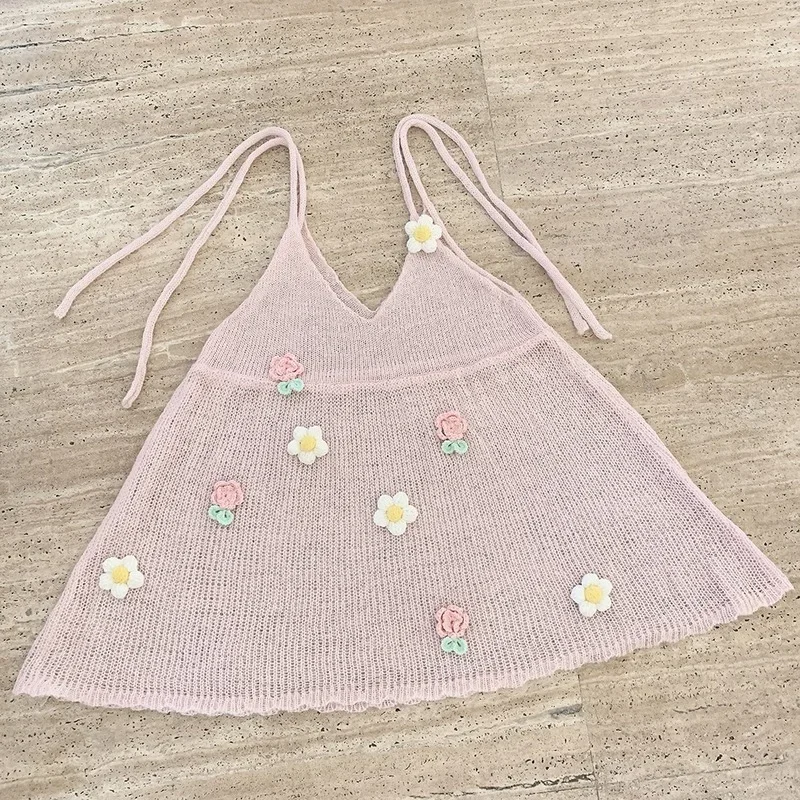 Doce vestido de malha feminino verão gancho flores decoração rendas oco para fora multi-peça vestidos kawaii roupas