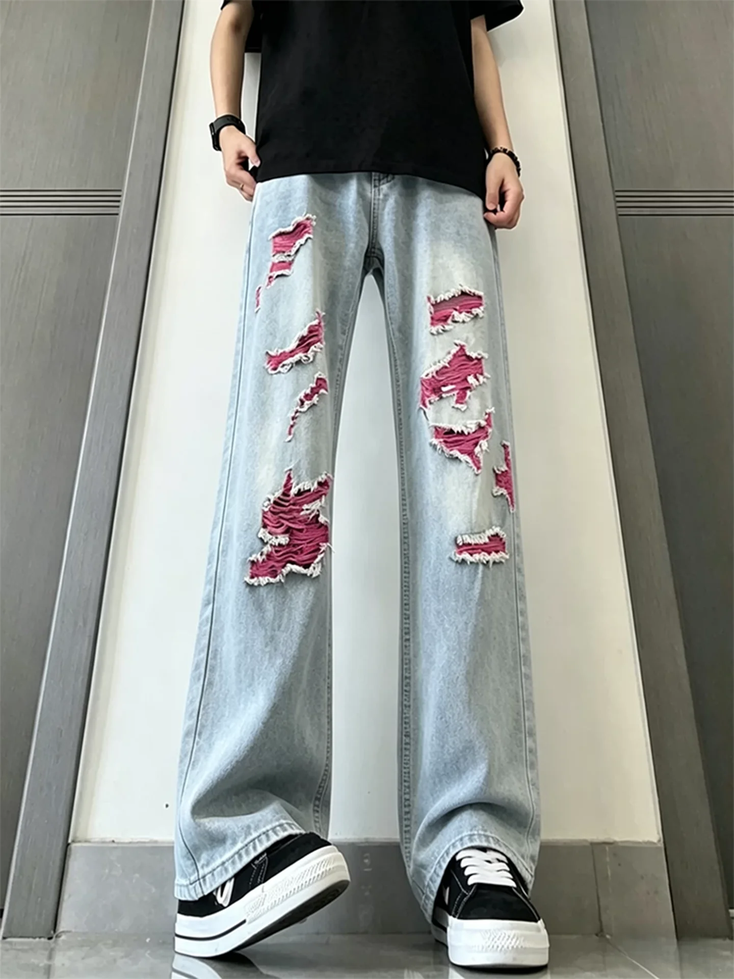 

American Style Color Block Hole Denim Jeans Men's Summer Thin Design Slim Straight Micro Flared Knife Pants Youth Fashion