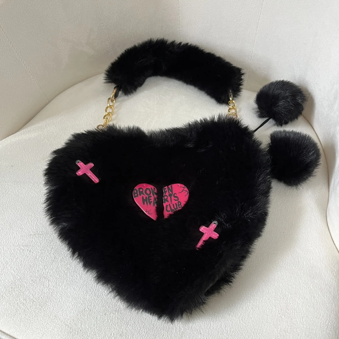 Y2k Girls Underarm Bags Fashion Plush Heart Women's shoulder Bag Punk Broken heart Decorate Shoulder Crossbody bags