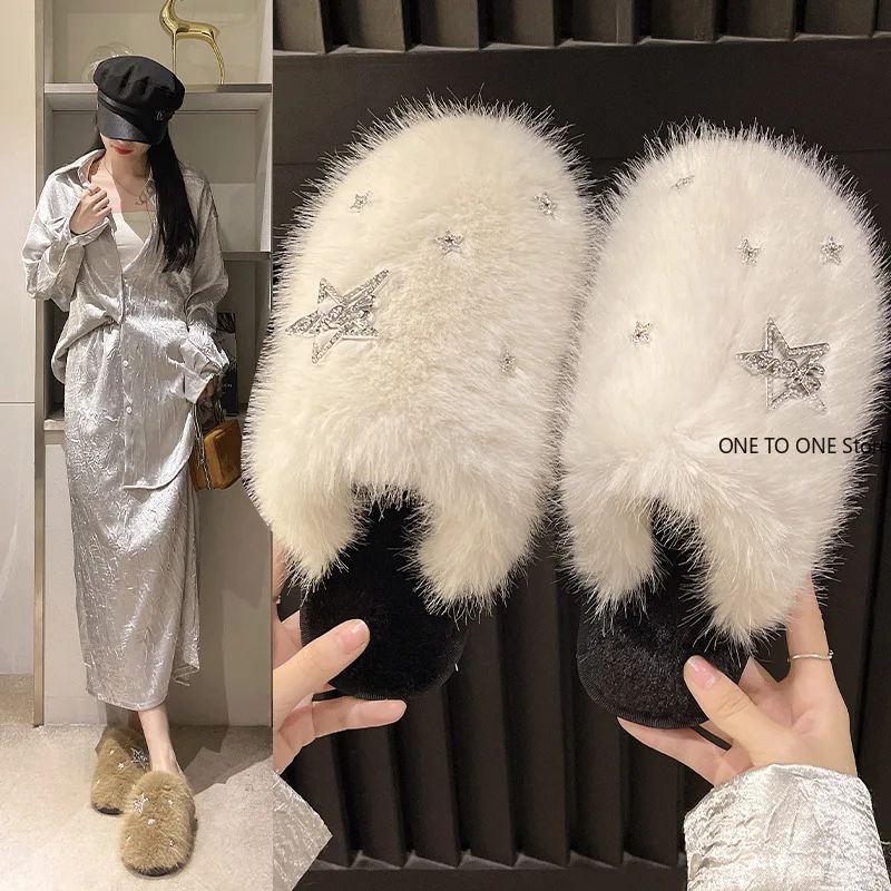 Women Winter Home Fur Slippers Cartoon Cat Non-Slip Soft Warm House Indoor Bedroom Men Couples Boys Girl Memory Foam Floor Shoes
