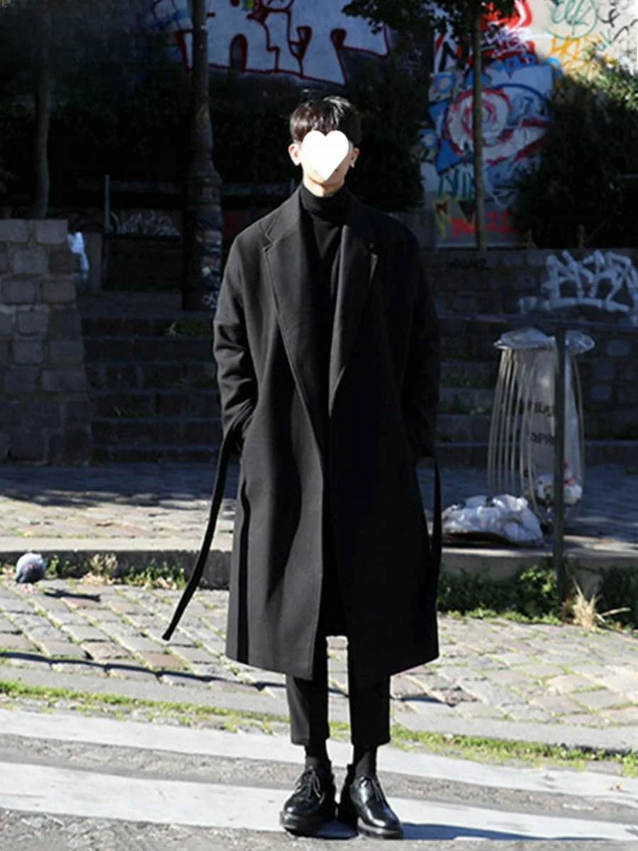 

Мужское длинное утепленное шерстяное пальто в японском стиле, модное, свободного кроя, однотонное, в молодежном стиле, из полиуретана, осень-зима