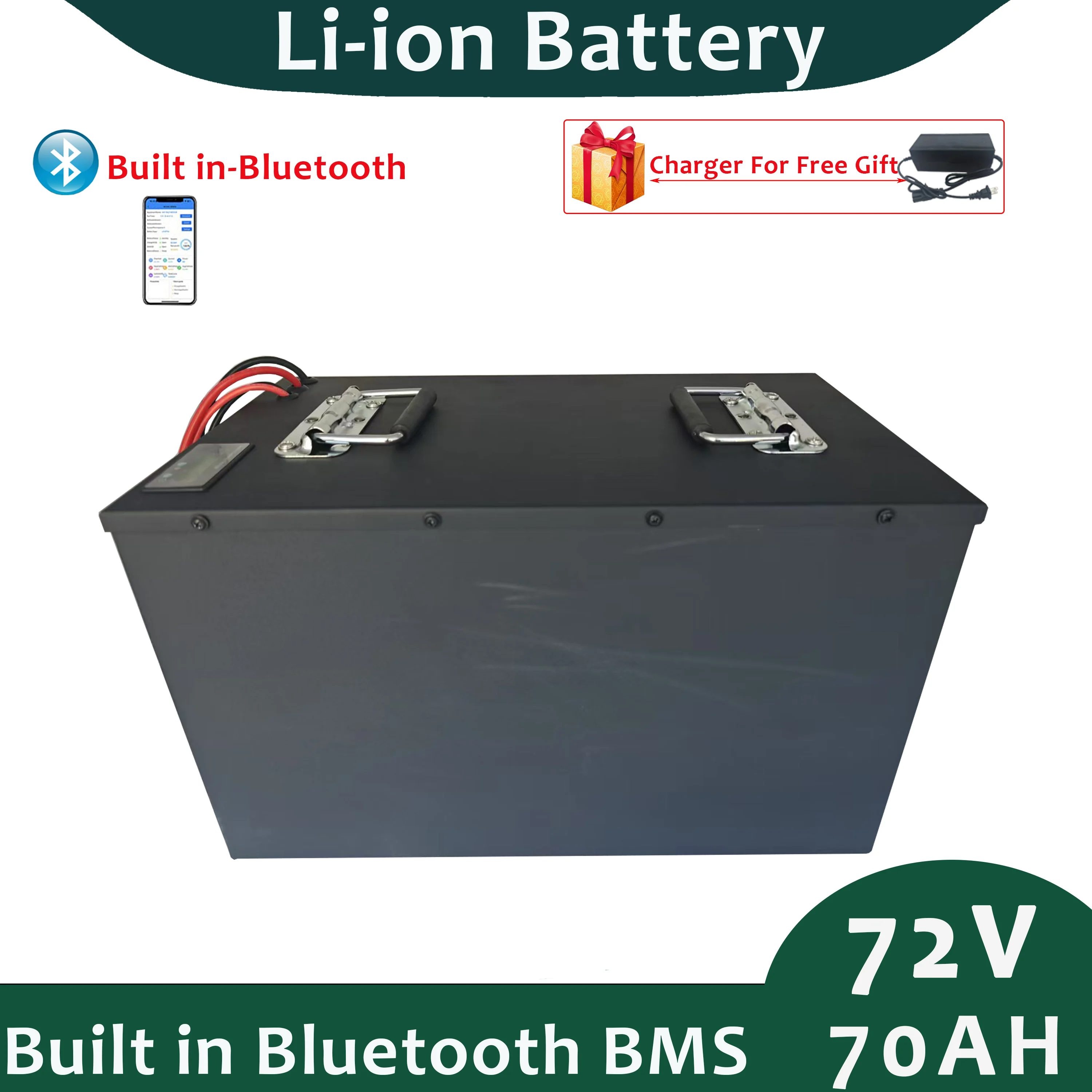 72V 70Ah Lithium Ion Battery Pack with 10A Charger for Free Built in BMS Bluetooth Perfect for Campers