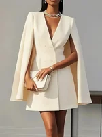 Women Fashion Commuter Solid Blazers Dress Office Double Breasted Waist Party Dress Elegant V-neck Shawl Cape Sleeve Midi Dress