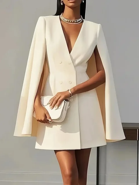 Women Fashion Commuter Solid Blazers Dress Office Double Breasted Waist Party Dress Elegant V-neck Shawl Cape Sleeve Midi Dress