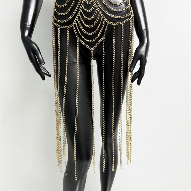 Damen Silberne Halter-Bodykette, Mehrschichtiger Quasten-Harness, Körperschmuck, Langer Fransen-Bodykleid für Club, Rave, Festival, Party – Detail 12