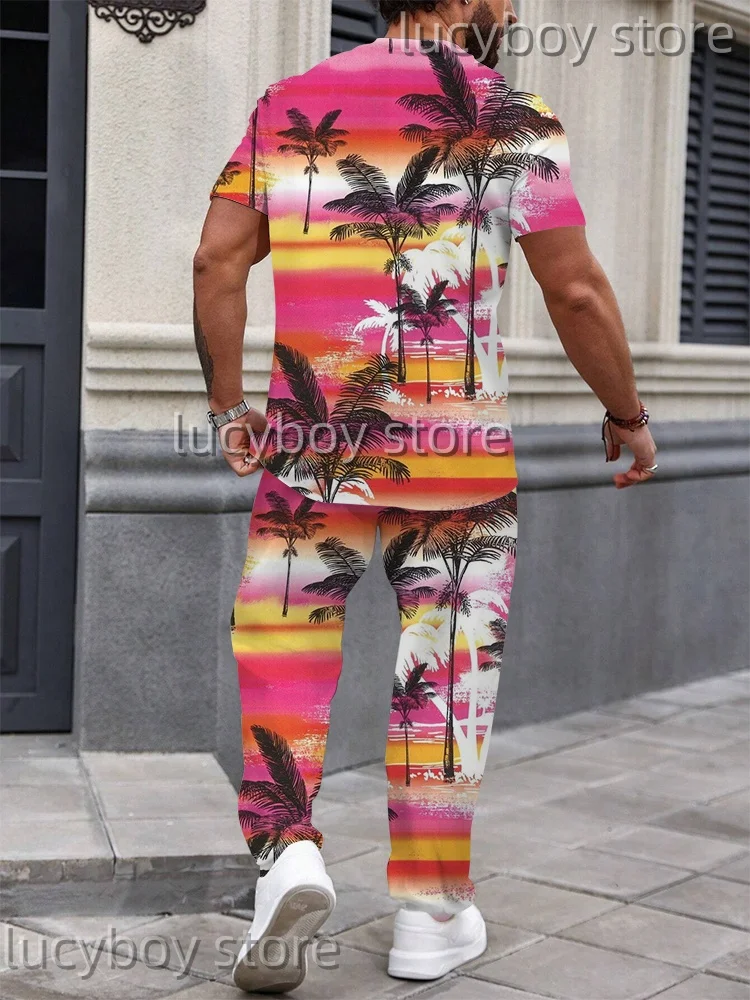 Men's Two Piece Coconut tree  Printed Suit Mens Sport Hawaii Vacation Short Sleeve + Trousers 2Piece Suit men Fashion tracksuit