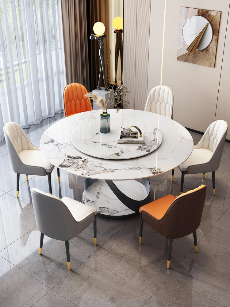 

Marble circular dining table and chair combination, household round table with turntable, Italian rock plate dining table,