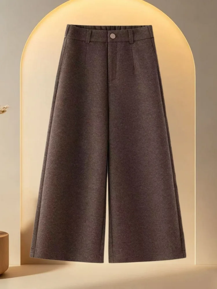 Calças largas de lã Thiened femininas outono inverno cor café Camere nove pontos calças de perna reta cintura alta commute...