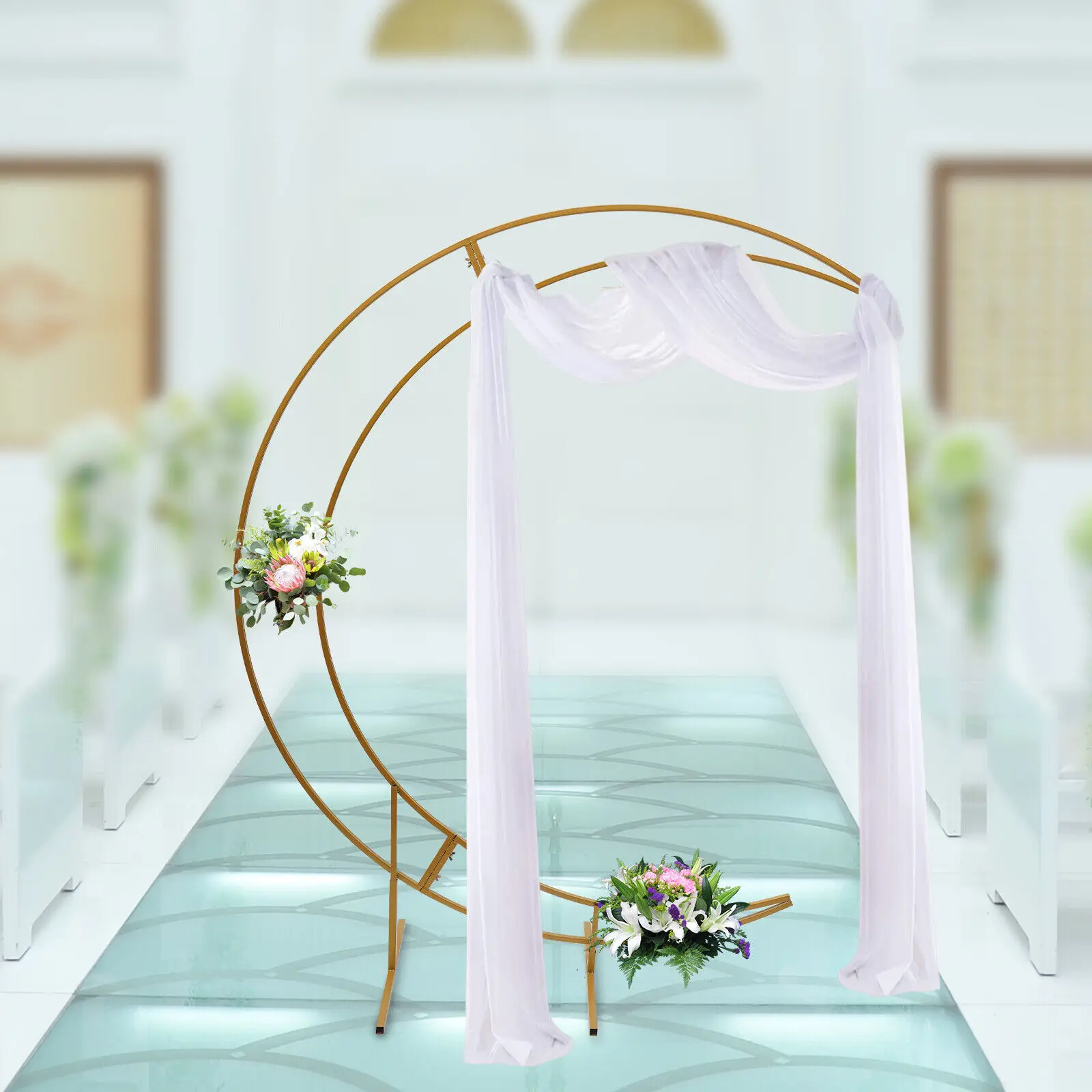 

7ft Gold/White Metal Crescent Moon Wedding Arch - Flower & Balloon Frame for Events