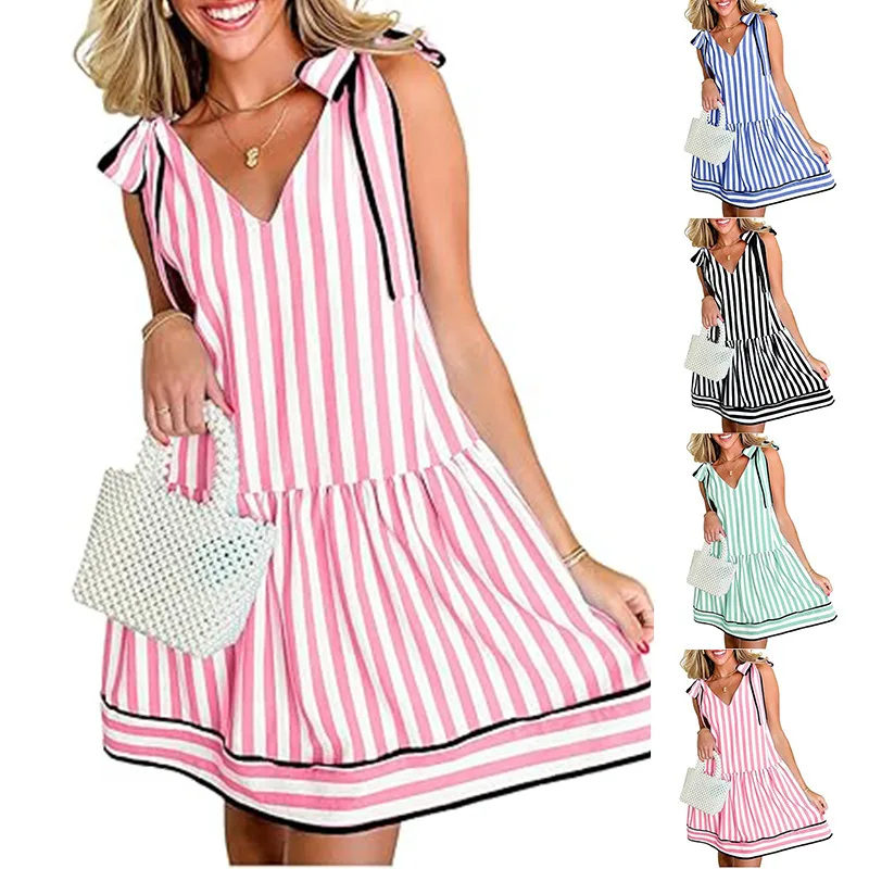 Dames à la mode col en v à lacets jupe courte a-ligne jupe rayé robe imprimée été décontracté épaule à lacets robe