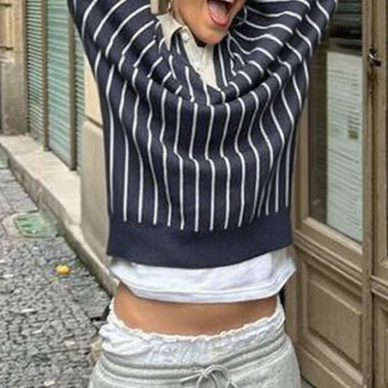 

Женская полосатая вязаная рубашка в стиле ретро, пуловер с длинными рукавами и воротником с лацканами, свитер Y2K, большой свитшот для регби с цветными блоками