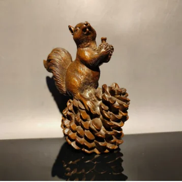 Chinese wood Boxwood carved Pinecone Squirrel Animal statue decoration