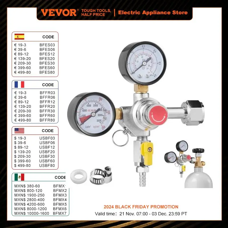 

VEVOR Double Gauge Regulator Heavy Duty CO2 Gauge Gas System Adjustable Pressure Regulator with Check Valve Draft Beer Homebrew