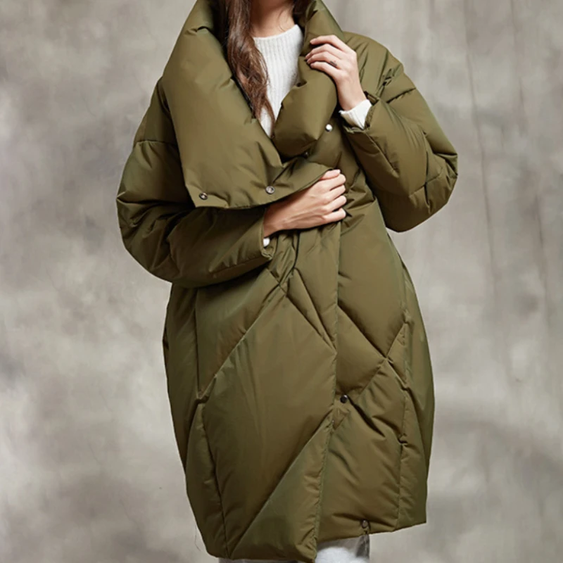 Mid-length Puffer Coats for Women, Retro Down Jackets, Thick Windproof Warm Parka, Casual Fashion Outerwear, New, 2024