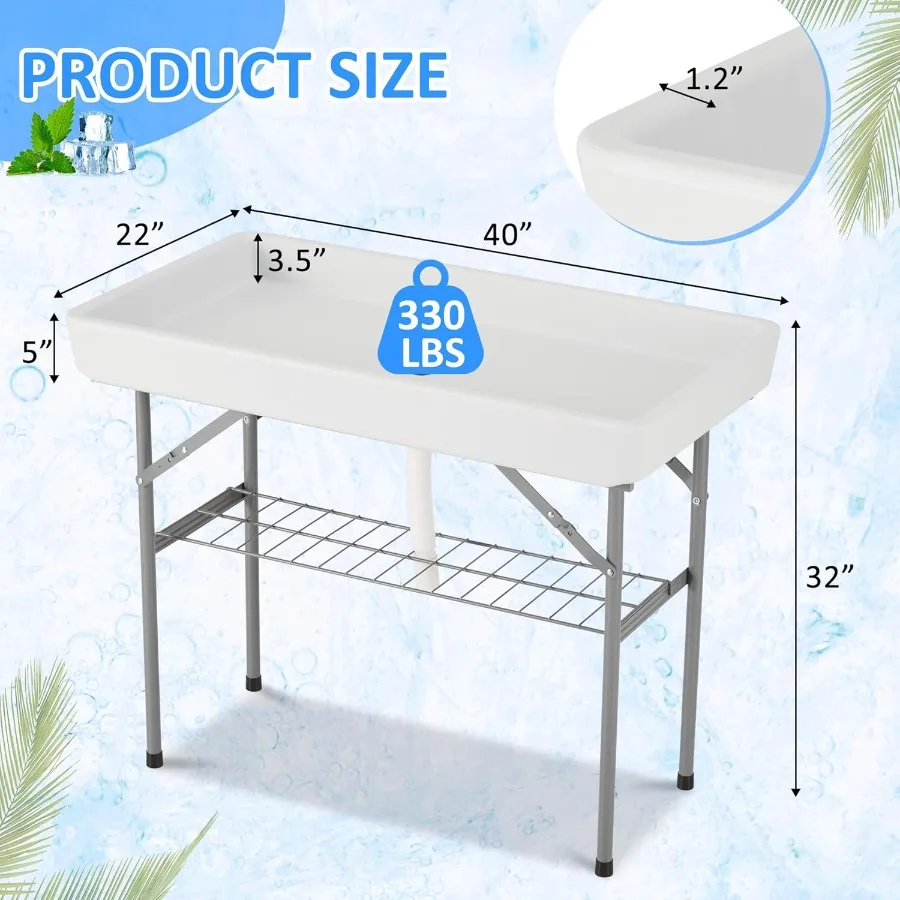 طاولة تبريد الثلج المحمولة 4 أقدام في الهواء الطلق مع تصميم استنزاف وقابل للطي تنورة مطابقة قابلة للإزالة للتخييم في الهواء الطلق والشواء